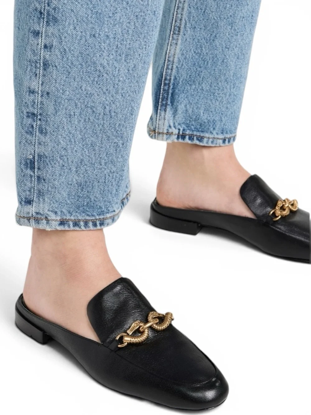 Tory Burch Jessa Black Leather Mule Loafers Gold Chain Horsebit Size 7.5